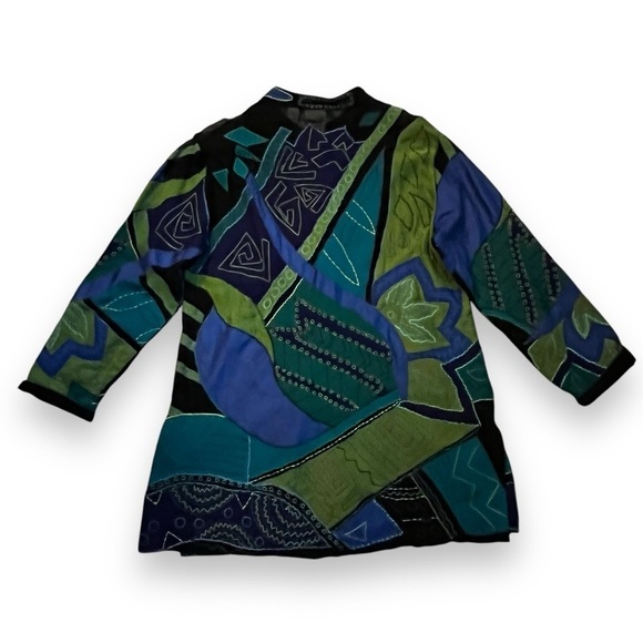 Vintage Chicos Boho Jacket Silk Rayon Art to Wear Appliqué Long size 2/US Large - Picture 7 of 8